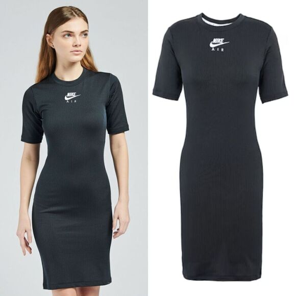 NIKE Women's Size S Black Air Ribbed Mini Dress Embroidered Logo Sporty Bodycon - Picture 9 of 16